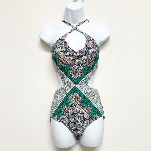 Tory Burch Womens Mixed Print Cut Out One Piece Strappy Swim Suit Size M - Picture 5 of 10